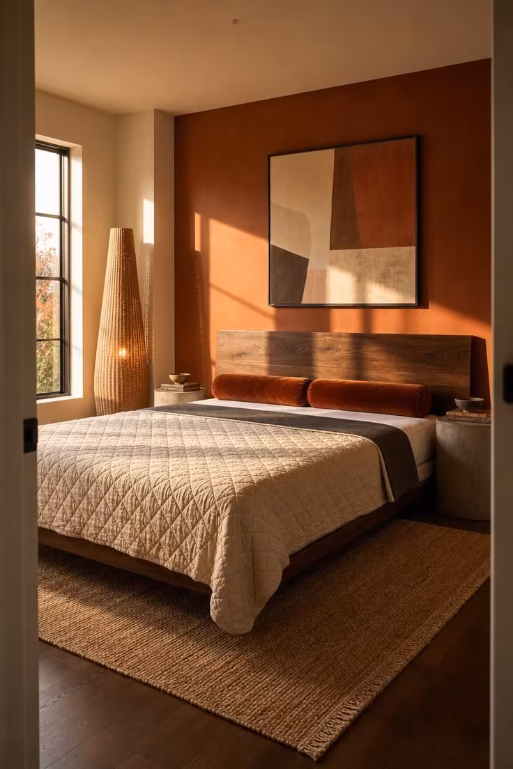 13 Master Bedrooms Ideas for Couples That Feel Lived-In 2 A master bedroom with a deep clay accent wall behind a low-profile walnut headboard, golden afternoon light casting warm shadows across the bedding.