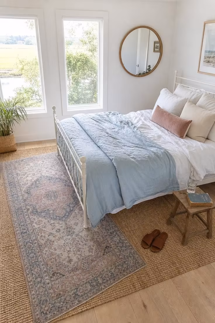 13 Master Bedrooms Ideas for Couples That Feel Lived-In 3 A bright master bedroom photographed from overhead showing a faded Persian runner layered over a large jute rug beside a white metal bed frame.