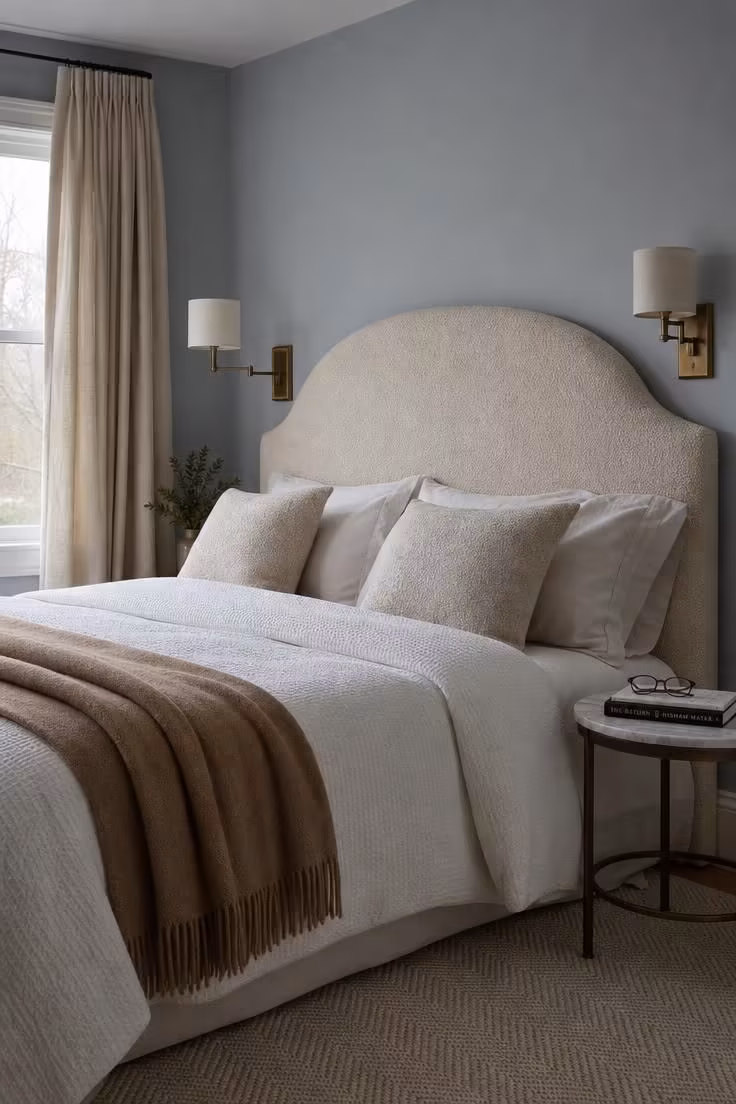 13 Master Bedrooms Ideas for Couples That Feel Lived-In 4 A master bedroom with swing-arm brass sconces flanking a tall cream boucle upholstered headboard, with cool overcast light and warm neutral bedding.