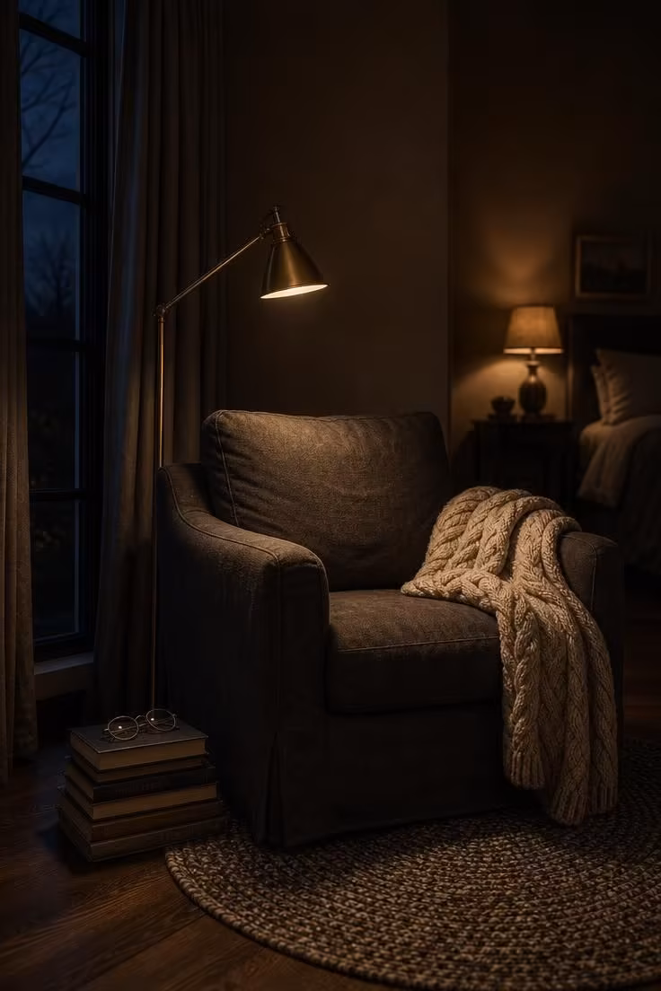 13 Master Bedrooms Ideas for Couples That Feel Lived-In 5 A moody reading corner in a master bedroom with a slouchy charcoal linen armchair, brass floor lamp, and stack of books on the dark oak floor.