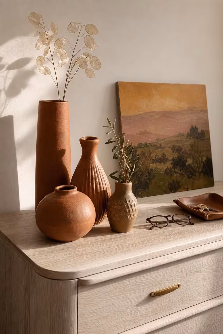 13 Master Bedrooms Ideas for Couples That Feel Lived-In 6 A close-up detail of terracotta ceramic vases grouped on a whitewashed oak dresser top with dried lunaria stems and warm golden side light.