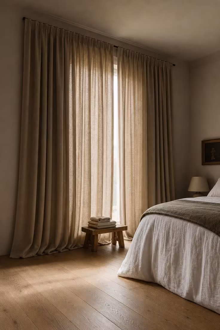 13 Master Bedrooms Ideas for Couples That Feel Lived-In 7 Floor-to-ceiling blackout linen curtains in warm stone pooling on wide-plank white oak hardwood in a softly lit master bedroom.