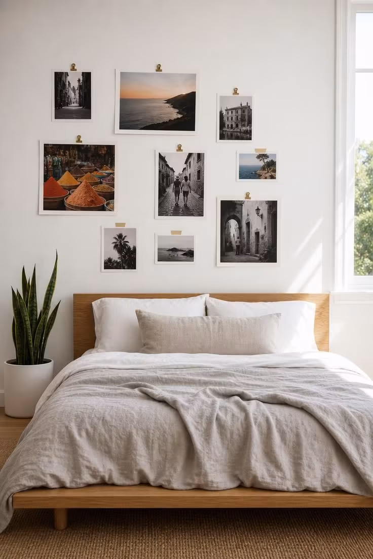 13 Master Bedrooms Ideas for Couples That Feel Lived-In 8 A gallery wall of unframed travel prints and photographs arranged above a low oak platform bed in a bright, midday-lit master bedroom.