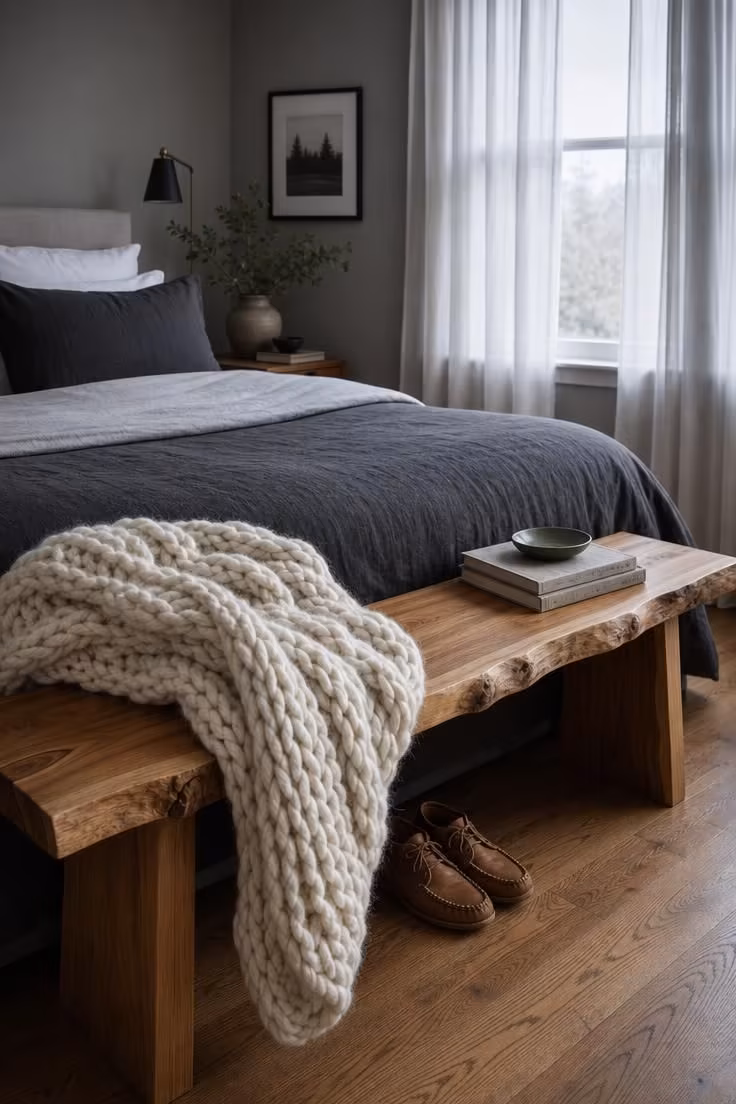 13 Master Bedrooms Ideas for Couples That Feel Lived-In 9 A chunky cream knit throw draped over a live-edge acacia bench at the foot of a master bedroom bed with cool overcast light and charcoal linen bedding.