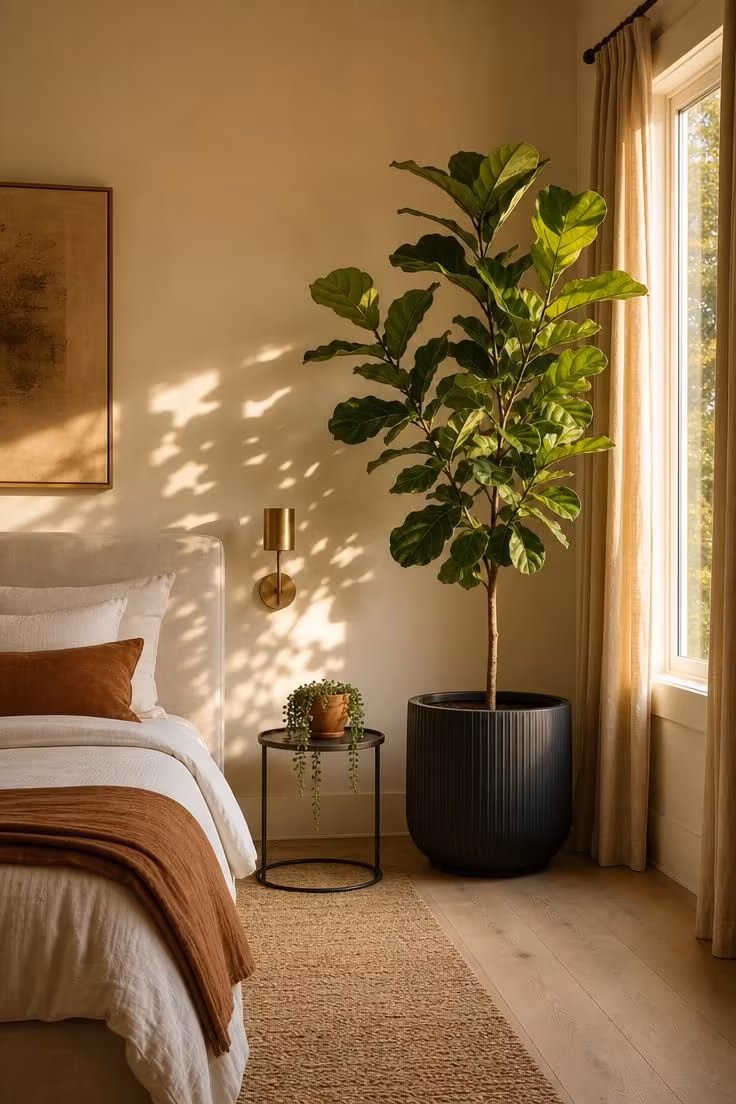 13 Master Bedrooms Ideas for Couples That Feel Lived-In 10 A tall fiddle leaf fig tree in a ribbed concrete planter stands in a sunlit corner of a master bedroom with warm golden light and natural linen curtains.