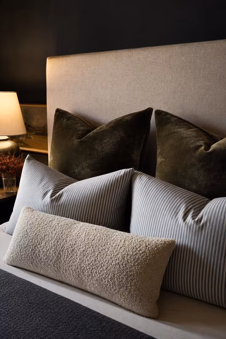 13 Master Bedrooms Ideas for Couples That Feel Lived-In 11 A close-up of velvet olive euro shams paired with blue-and-white striped cotton pillowcases on a linen headboard in moody low bedroom lighting.