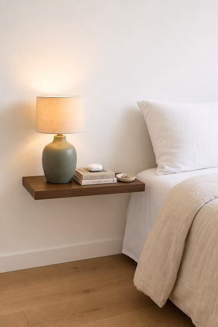 13 Master Bedrooms Ideas for Couples That Feel Lived-In 12 A floating walnut shelf mounted at mattress height serving as a bedside setup with a sage-green ceramic table lamp and personal items in bright midday light.