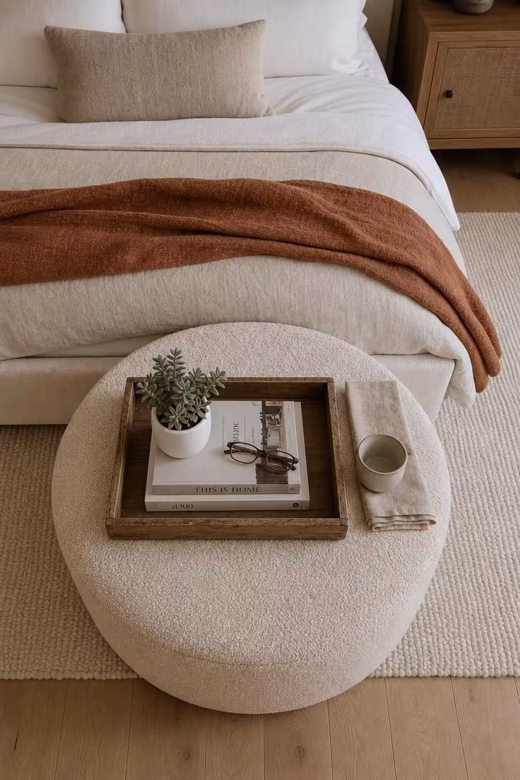 13 Master Bedrooms Ideas for Couples That Feel Lived-In 13 An overhead view of a reclaimed wood tray holding books and a succulent on a round oatmeal boucle ottoman at the foot of a master bedroom bed.