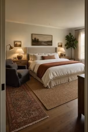 A wide-angle view of a master bedroom for couples with a linen headboard, layered bedding, reading corner, and warm late-afternoon light from the doorway.
