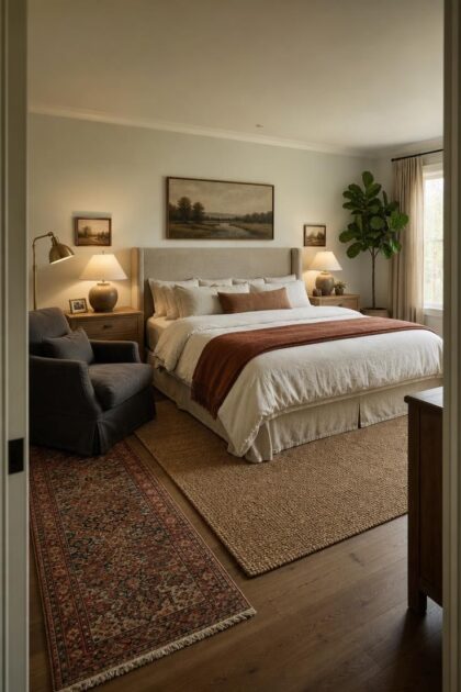 13 Master Bedrooms Ideas for Couples That Feel Lived-In A wide-angle view of a master bedroom for couples with a linen headboard, layered bedding, reading corner, and warm late-afternoon light from the doorway.