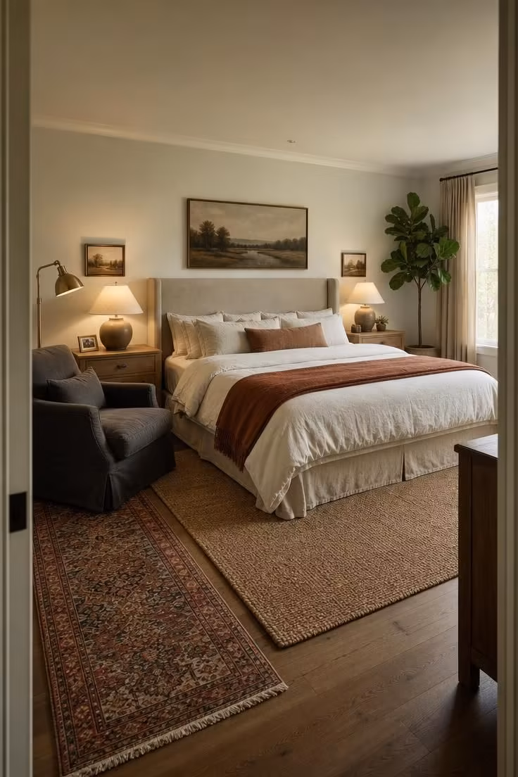 Simple Spaces 18 A wide-angle view of a master bedroom for couples with a linen headboard, layered bedding, reading corner, and warm late-afternoon light from the doorway.