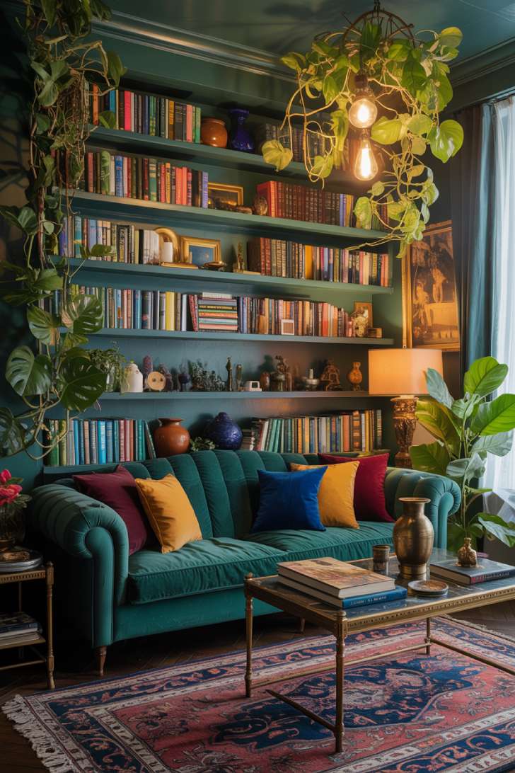 A maximalist living room with floor-to-ceiling bookshelves, emerald velvet sofa, Persian rug, and lush trailing plants