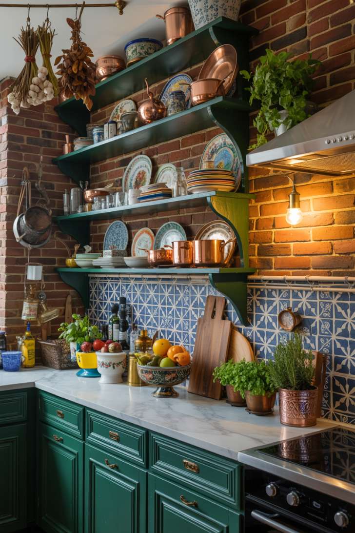 A maximalist kitchen with open brick shelving, forest green cabinets, cobalt tile backsplash, copper pots, and warm pendant lighting