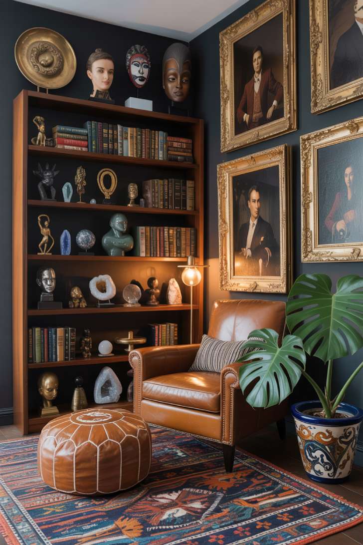 A moody maximalist apartment corner with dark wood étagère, vintage collectibles, cognac leather armchair, and large monstera plant