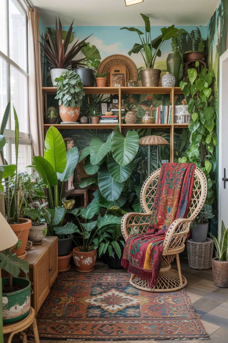 A maximalist apartment sunroom with tropical plants, rattan peacock chair, layered kilim rugs, and jungle mural walls
