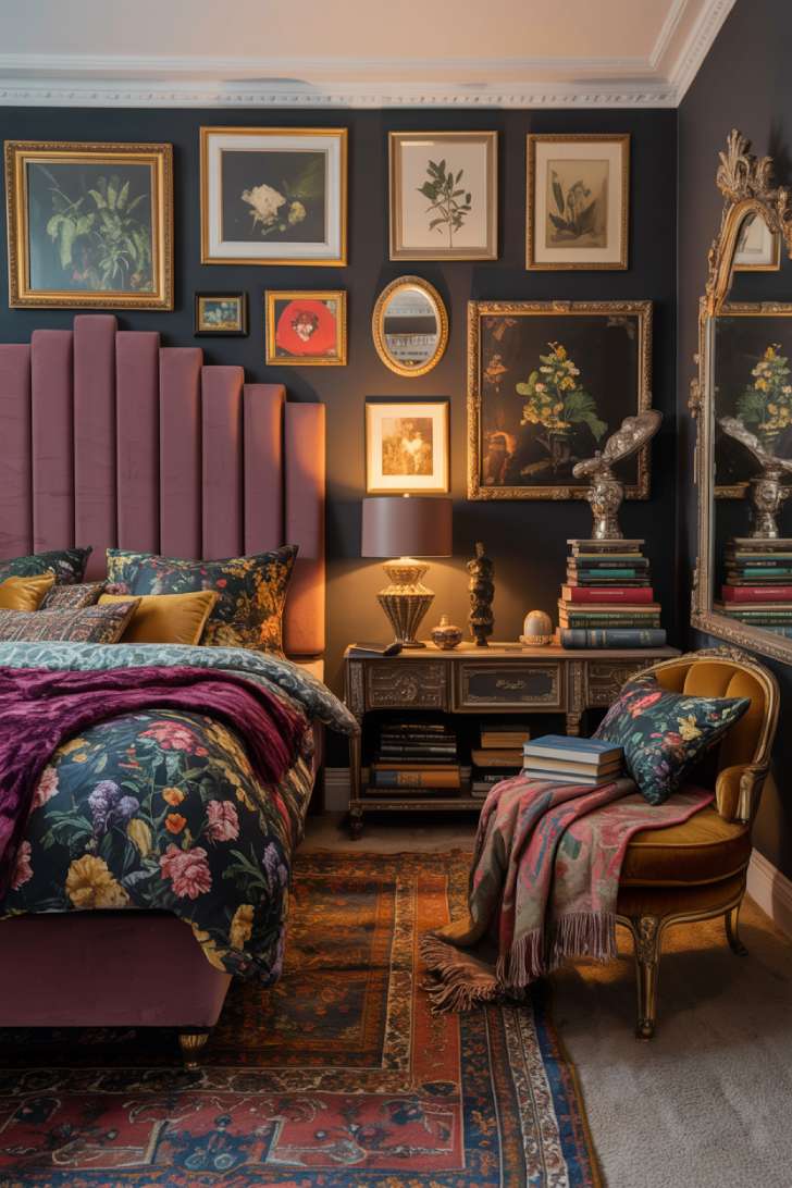 A maximalist bedroom with a dramatic plum velvet headboard, gallery wall of botanical prints, and gilded mirror