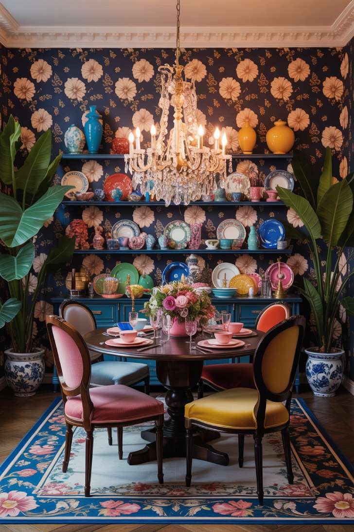 A maximalist dining room with deep navy floral wallpaper, mismatched vintage chairs, and crystal chandelier