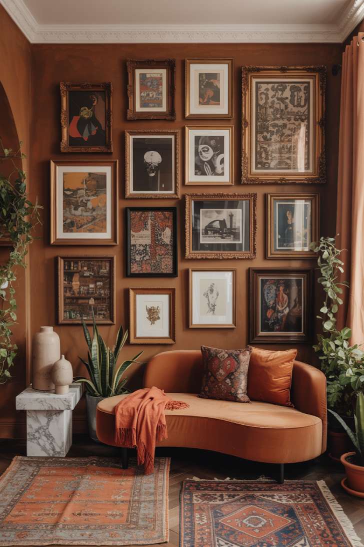 A maximalist gallery wall with floor-to-ceiling mismatched frames, abstract art, botanical prints, and a rust sofa