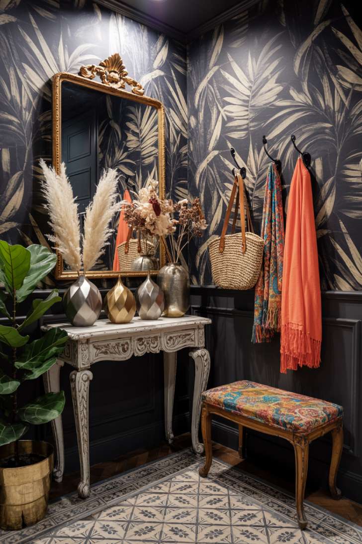 A maximalist apartment entryway with oversized palm leaf wallpaper, ornate console table, gilded mirror, and encaustic tile floor
