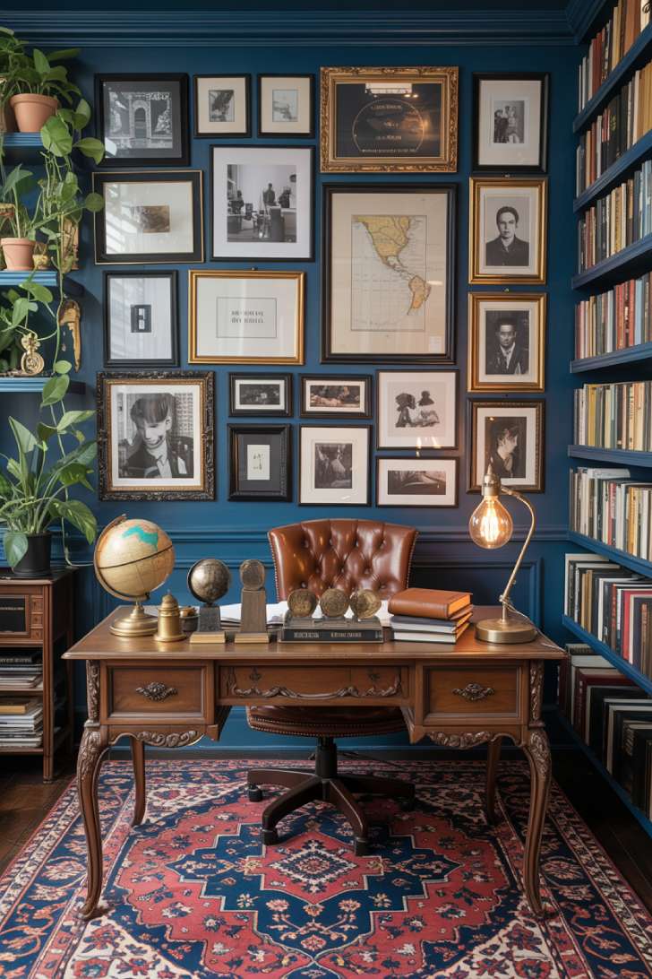 A maximalist home office with midnight blue walls, layered art arrangements, ornate antique desk, Persian rug, and lush plants