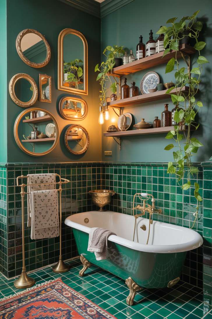 A maximalist bathroom with emerald zellige tiles, clawfoot tub, gallery of ornate mirrors, and brass fixtures