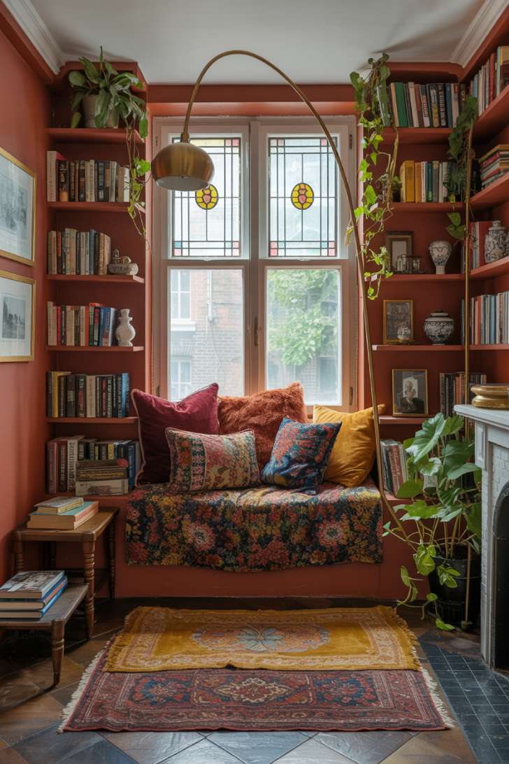 A maximalist reading nook with built-in bookshelves, floral window seat, layered vintage rugs, and stained glass light