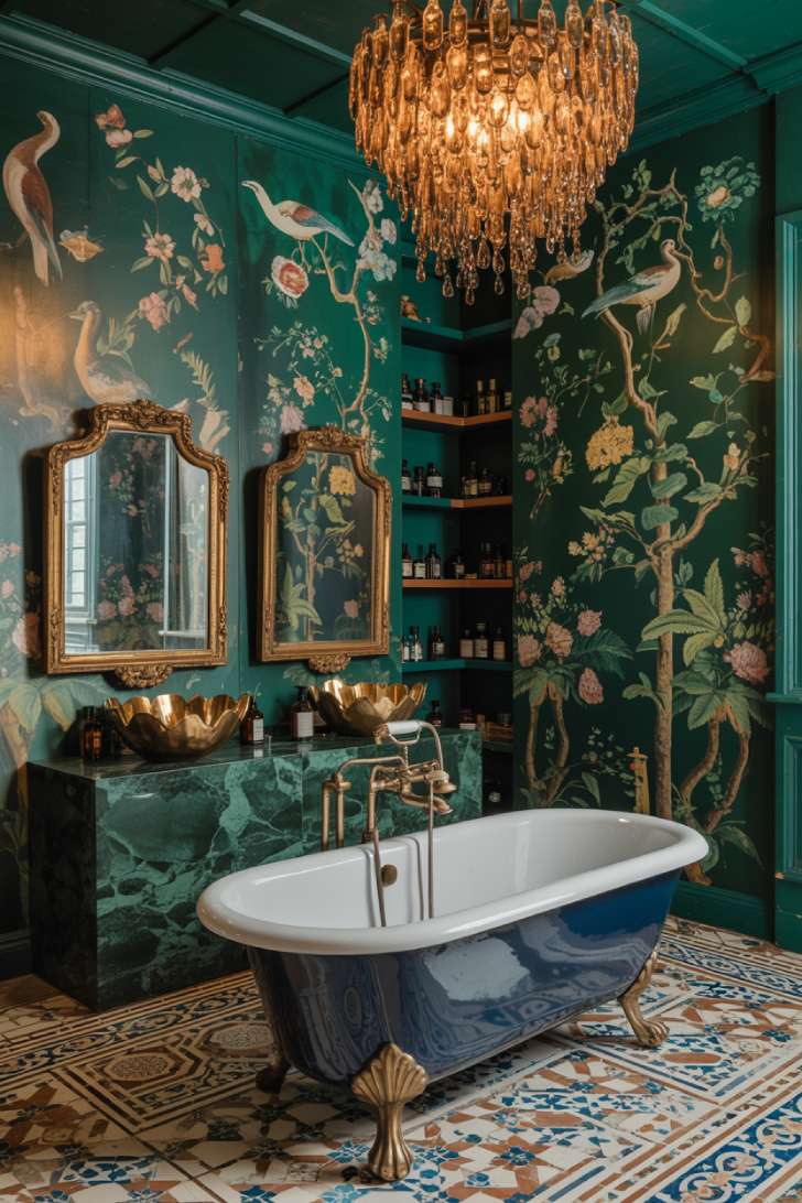 A maximalist bathroom featuring hand-painted Chinoiserie wallpaper, a midnight navy clawfoot tub, Moroccan mosaic floor tiles, and an amber glass chandelier