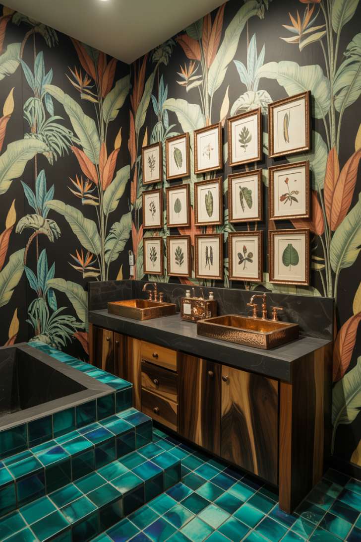A maximalist bathroom with oversized tropical wallpaper, a sunken charcoal granite soaking tub, iridescent zellige tile steps, and a gallery wall of botanical prints