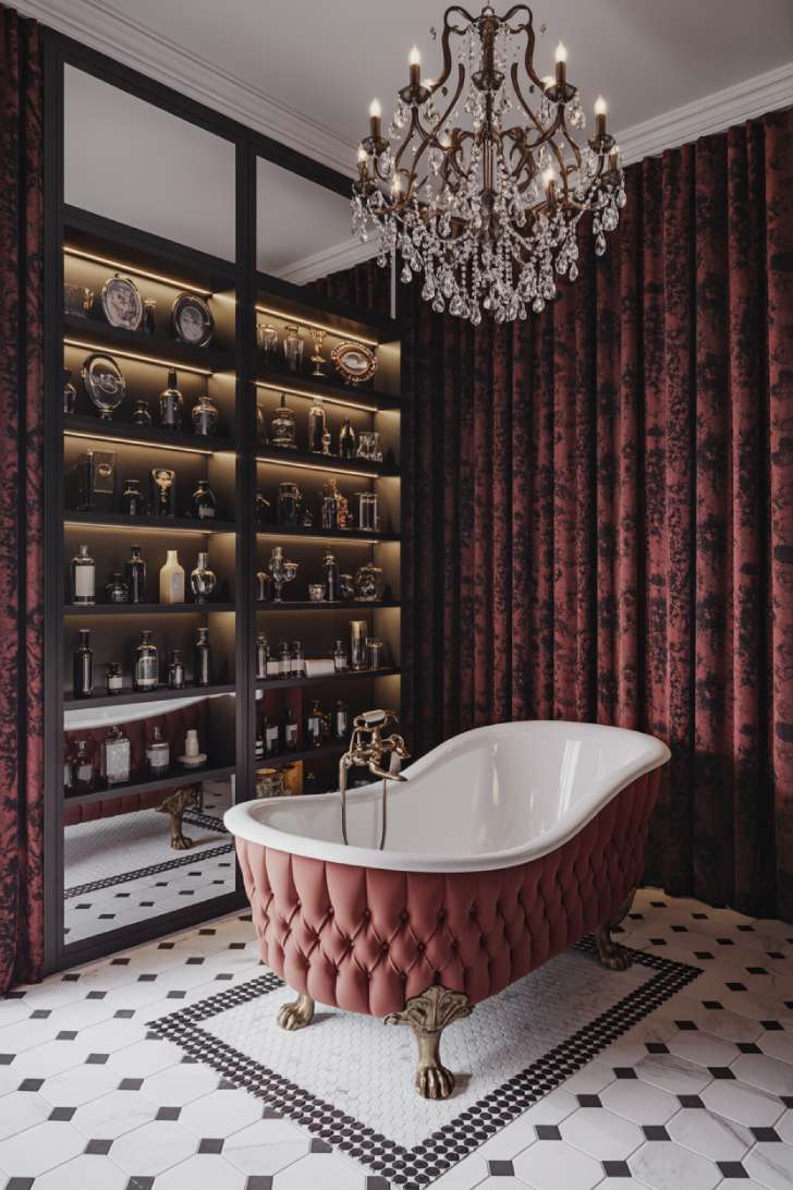 A Victorian Gothic maximalist bathroom with burgundy damask walls, a velvet-upholstered slipper tub, crystal chandelier, and floor-to-ceiling display cabinet