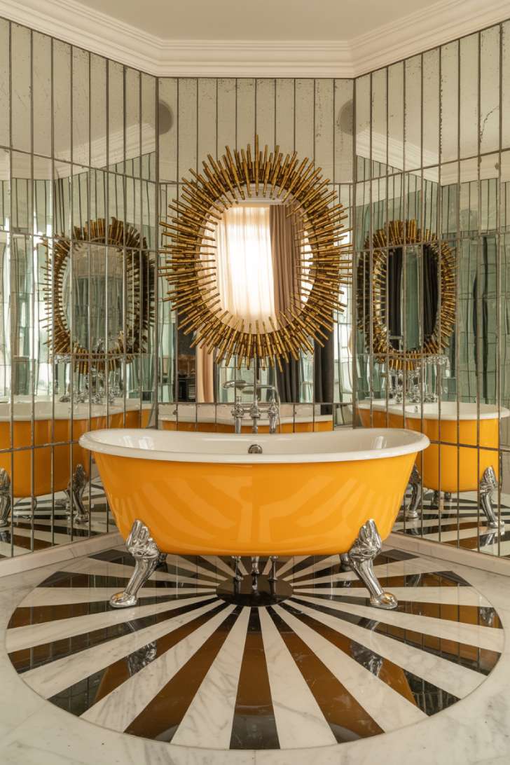 A Hollywood Regency maximalist bathroom with foxed antique mirror walls, a tangerine lacquered bathtub, gold leaf ceiling, and sunburst marble floor inlay