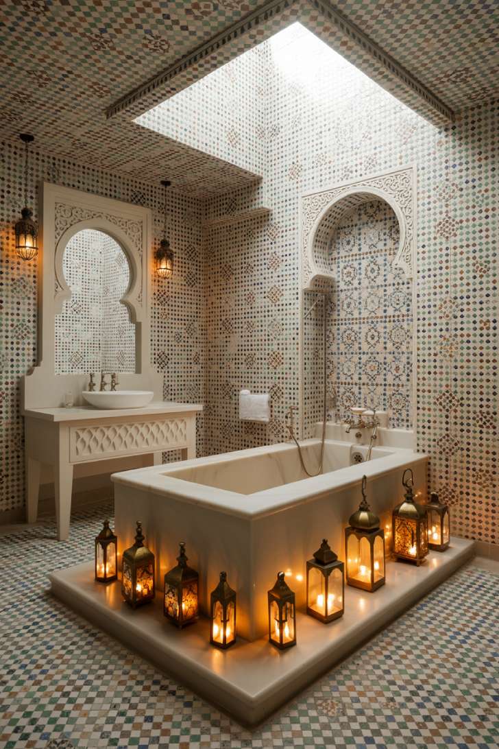 A Moroccan-inspired maximalist bathroom with full zellige tile coverage, a marble soaking tub, brass lanterns, and a carved plasterwork vanity with a cobalt ceramic basin