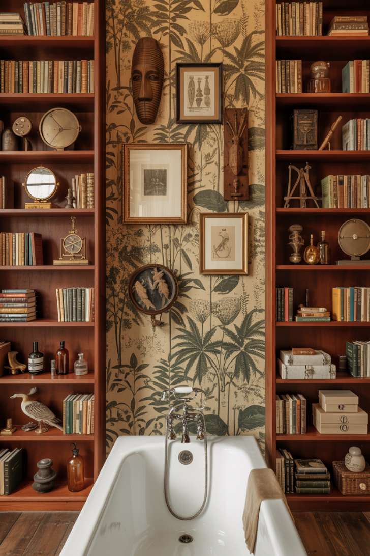 A maximalist bathroom styled as an antiquarian library with floor-to-ceiling mahogany bookshelves, a hunter green cast iron tub, rolling brass library ladder, and a repurposed writing desk vanity