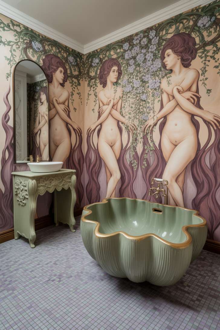 An Art Nouveau maximalist bathroom with hand-painted mural walls, an iridescent gradient mosaic floor, a lily pad–shaped soaking tub, and stained glass pendant lights