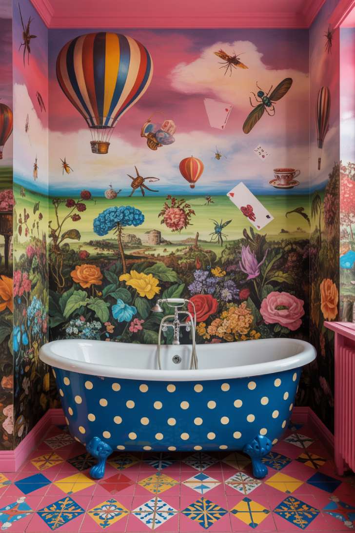 A wildly colorful maximalist bathroom with an illustrated fantasy wallpaper, hand-painted encaustic tile floor, a cobalt tub with gold polka dots, and mismatched fuchsia and emerald vanity units