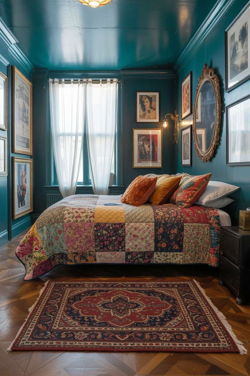A maximalist bedroom featuring deep teal walls, patchwork quilts, and eclectic gallery wall decorations