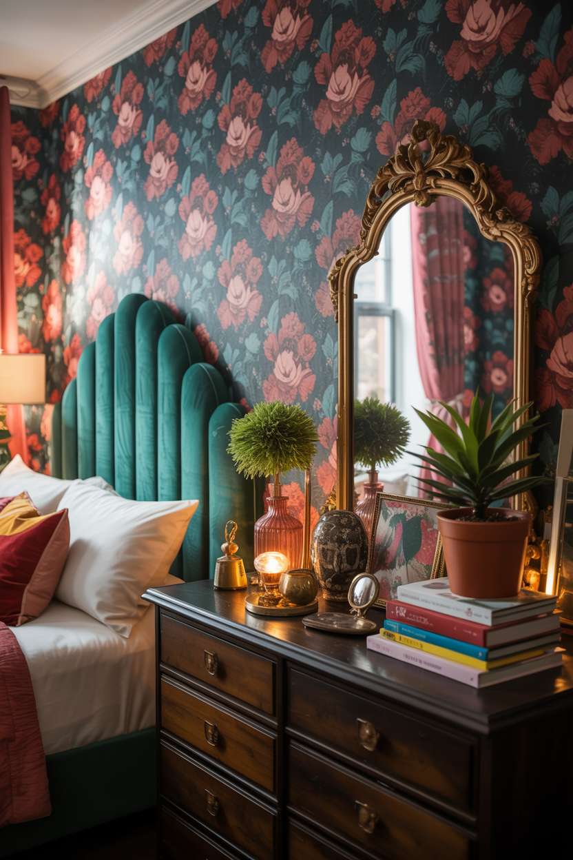 A cozy maximalist bedroom with emerald green velvet headboard and vibrant floral wallpaper
