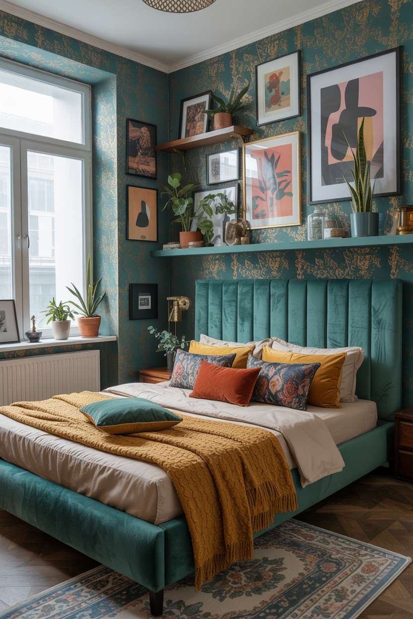 A small bedroom with low platform bed, teal and gold patterned wallpaper, and floating shelves