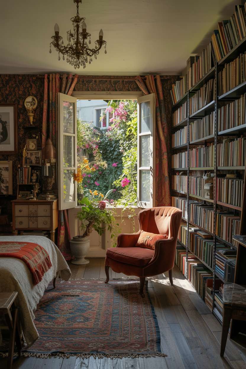 A maximalist bedroom featuring antique furniture, vibrant wallpaper, and a vintage chandelier