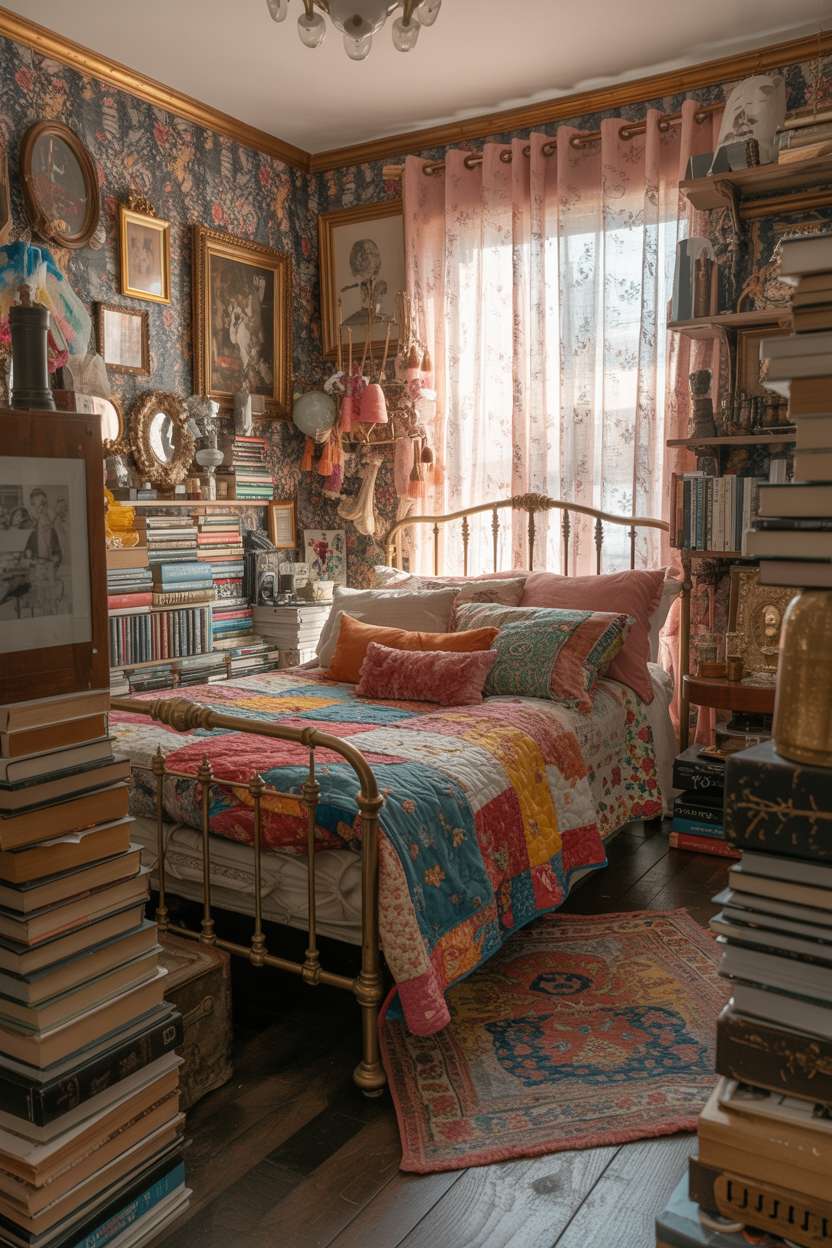 A maximalist small bedroom with vintage brass bed, baroque wallpaper, and mismatched velvet pillows
