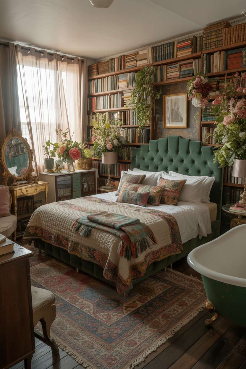 A maximalist bedroom featuring a king-sized bed with an emerald headboard and an antique claw-foot bathtub