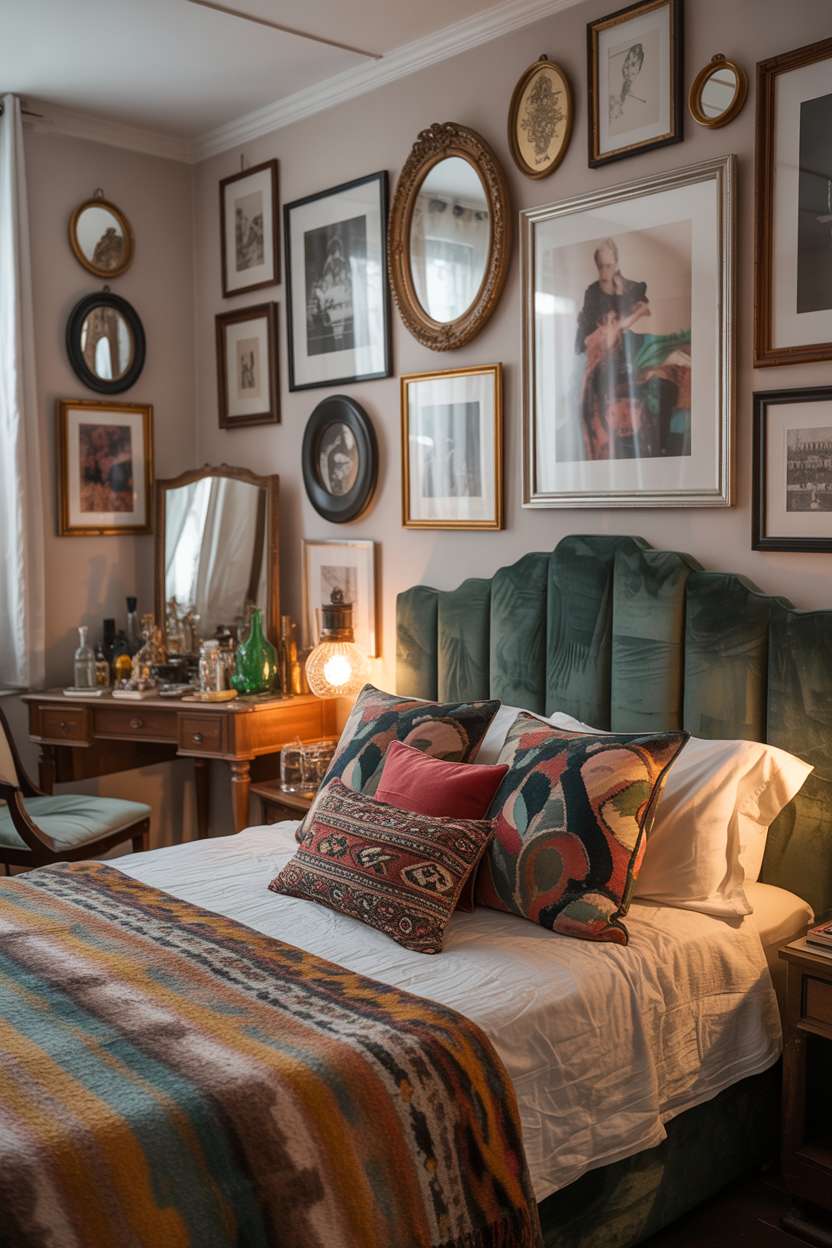 A maximalist bedroom with emerald velvet headboard and eclectic gallery wall in soft morning light