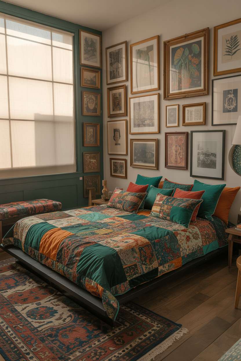 A stylish maximalist bedroom with low platform bed and patchwork quilt in emerald, teal, and burnt orange