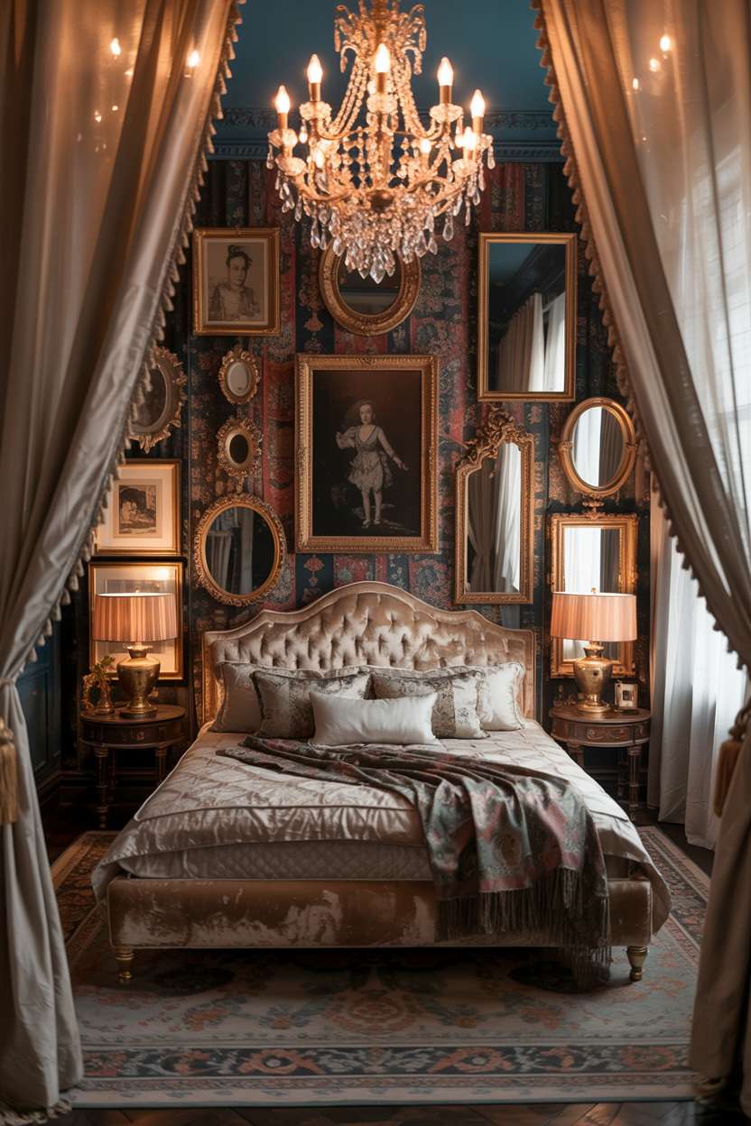 A lavish maximalist bedroom with ornate crystal chandelier and jewel-toned wallpaper