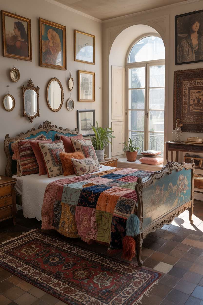 A cozy maximalist bedroom with intricately carved wooden bed frame and jewel-toned patchwork quilt