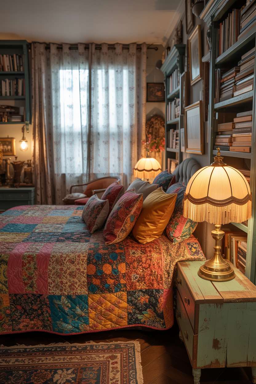A complete view of a maximalist bedroom with brass reading lamp, fringed shade, and overflowing bookshelves