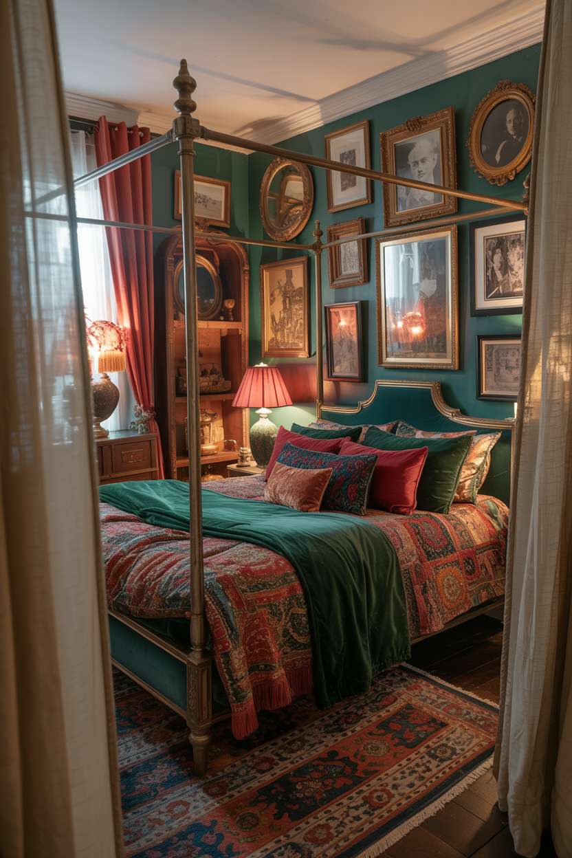 A maximalist bedroom dominated by a vintage brass four-poster bed with layered velvet and silk fabrics