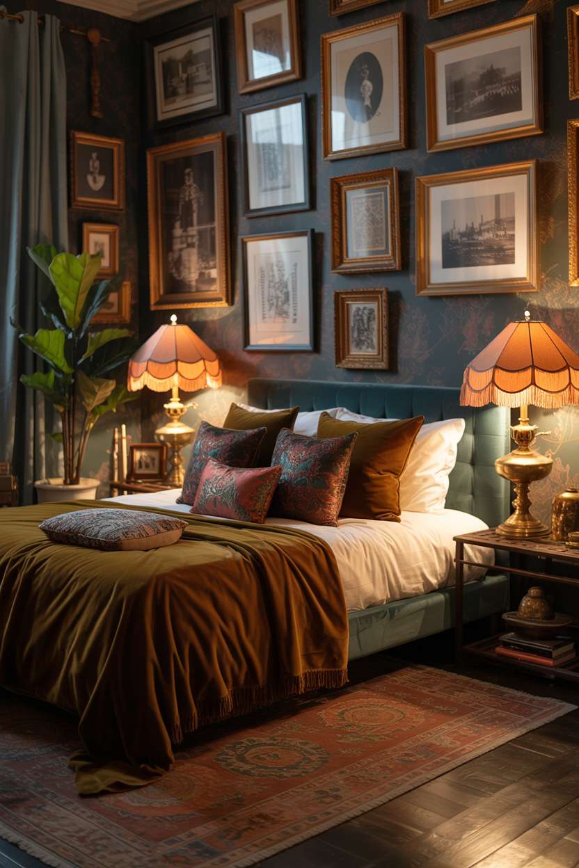 A cozy, dark maximalist bedroom with low platform bed and vintage brass lamps