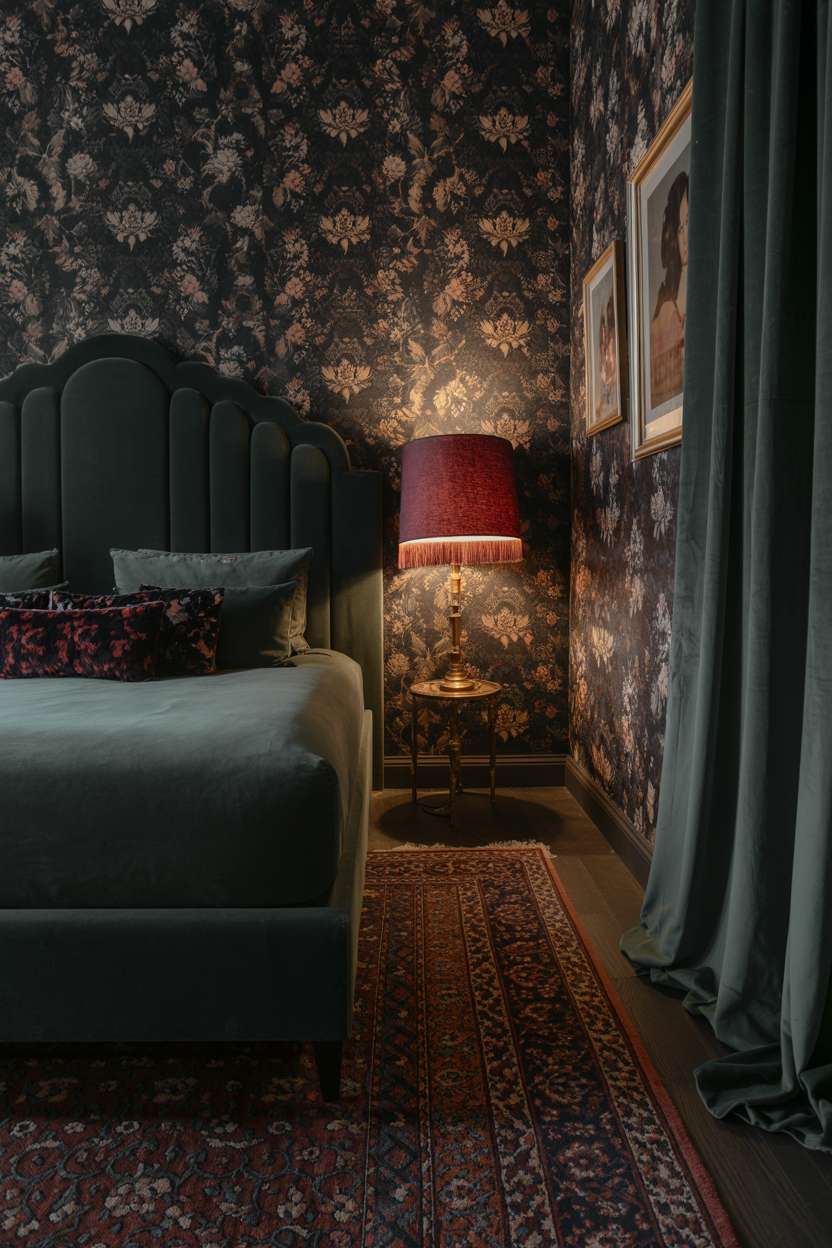 A dark maximalist bedroom with ornate green velvet headboard and complex floral wallpaper