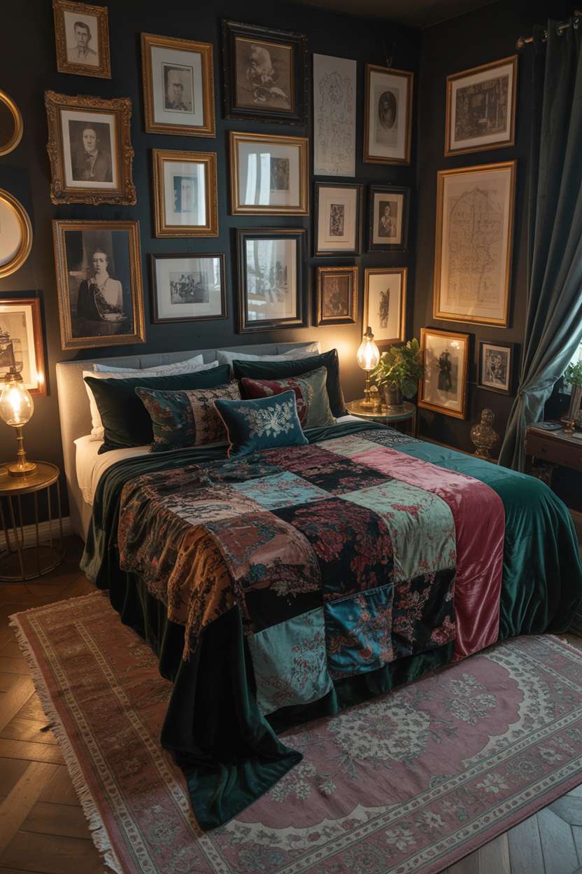 A dark maximalist bedroom with patchwork velvet bedding in emerald, sapphire, and ruby tones