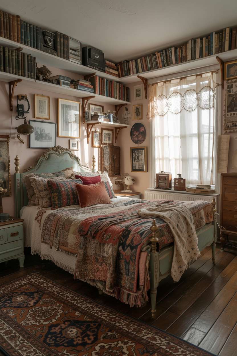 A maximalist bedroom with a vintage four-poster bed and shelves overflowing with books and trinkets